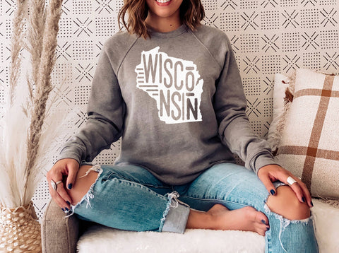 Wisconsin State Graphic Sweatshirt: Gray / Medium / Crewneck Autumn Rose Co.