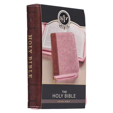 KJV Bible Mini Pocket Faux Leather, Pink/Saddle Tan w/zipper Christian Art Gifts