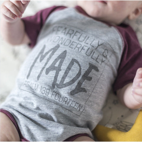 Fearfully & Wonderfully Made Baseball Onesie in Burgundy - Treehouse Gift & Home